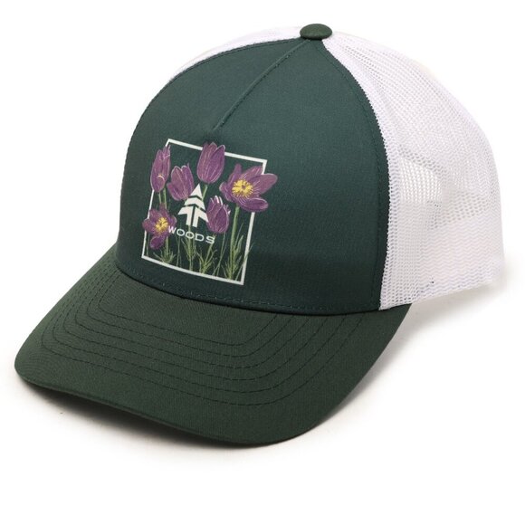 Woods Heritage Trucker Baseball Hat Mesh Snapback Cap Floral Green Purple White - Picture 7 of 7